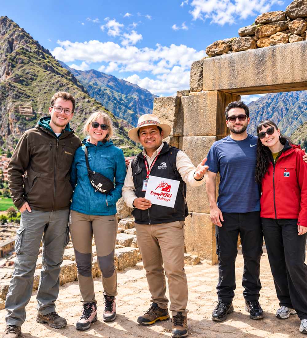 Our guide explaining the Temple of the Sun to a small group at Ollantaytambo